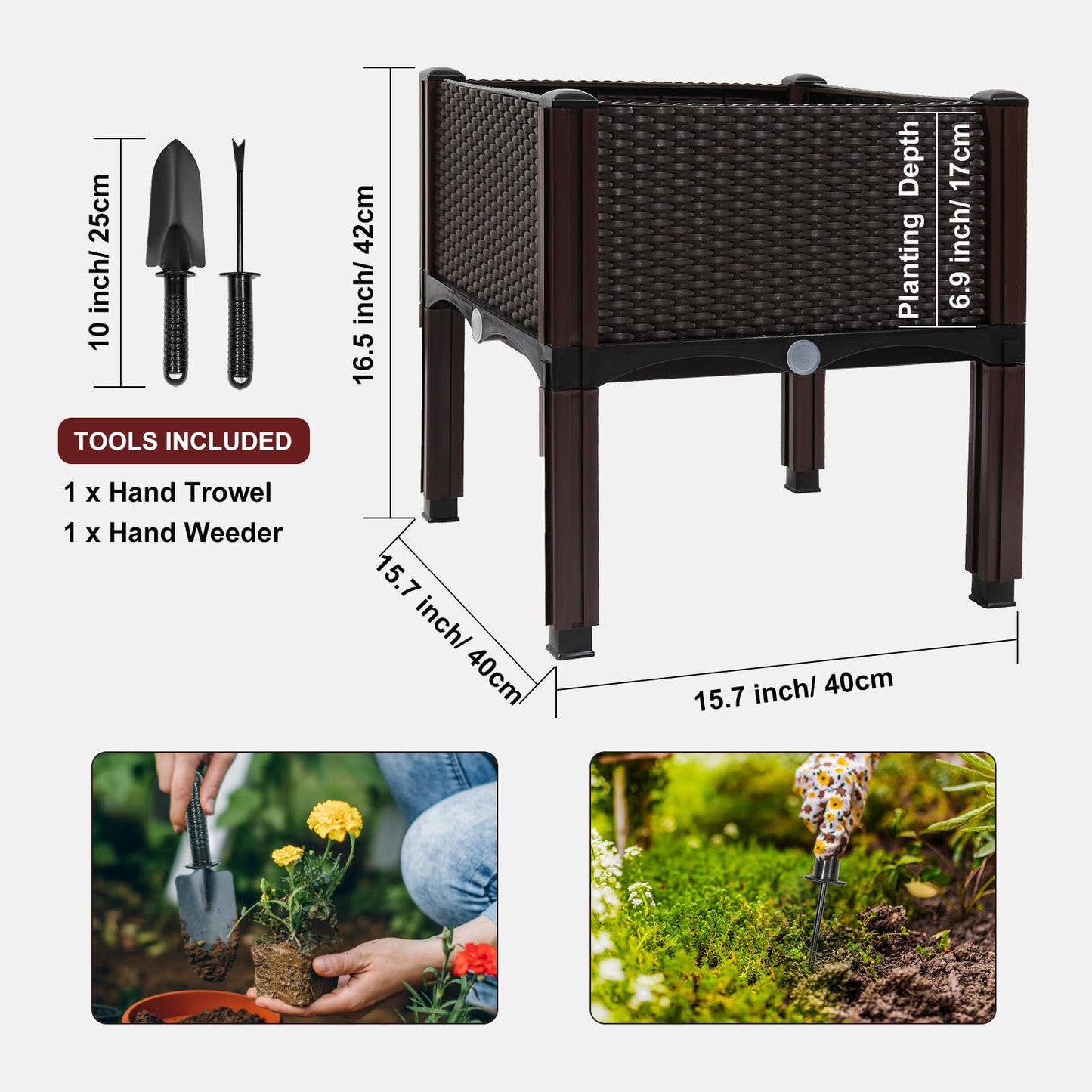 MAYOLIAH Raised Garden Bed with Drainage Elevated Planter Box Plastic Raised Beds for Gardening Vegetables Herb Flowers, Perfect for Indoor Outdoor Planting, 2 Boxes Brown