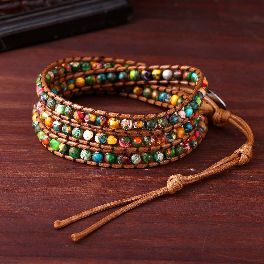 Plumiss Women Natural Imperial Jasper Beaded Vegan 3 Wrap Stackable Bracelet