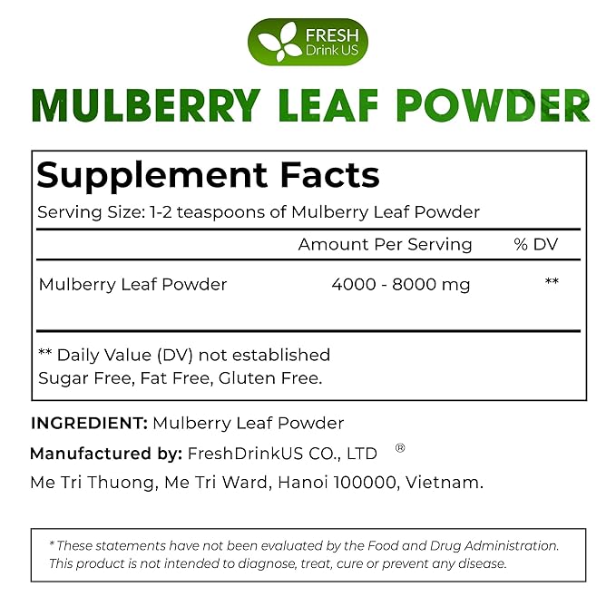 FreshDrinkUS, Premium 8oz Mulberry Leaf Powder, 100% Natural and Pure from Mulberry Leaves, Perfect for Tea, Smoothies, Baked Goods, Natural Food Coloring, No Additives, No Gluten, No Sugar, Vegan