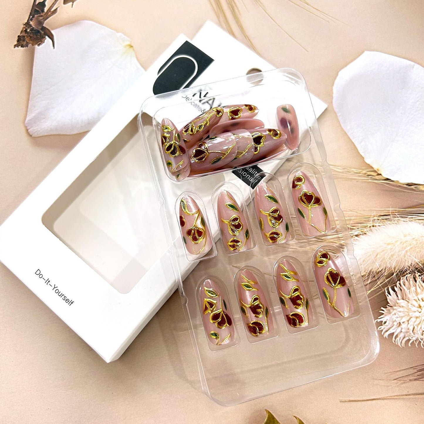 Flower Press on Nails Medium Length Red Floral Pattern Design Press Ons Fake Nail Full Cover Glossy Almond Tip Stick on Nail Acrylic Artificail Fingernails Reusable DIY Glue on Nails for Women 24Pcs