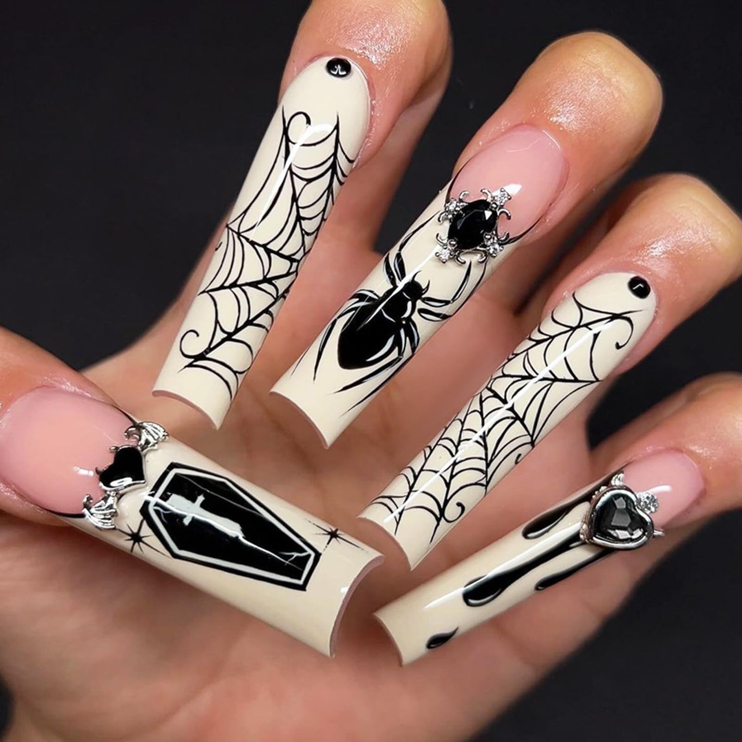 IMSOHOT Halloween Press on Nails Extra Long Square Fake Nails Glossy Acrylic French Tip False Nails with Black Spider Web Designs Goth Gel Glue on Acrylic Nails