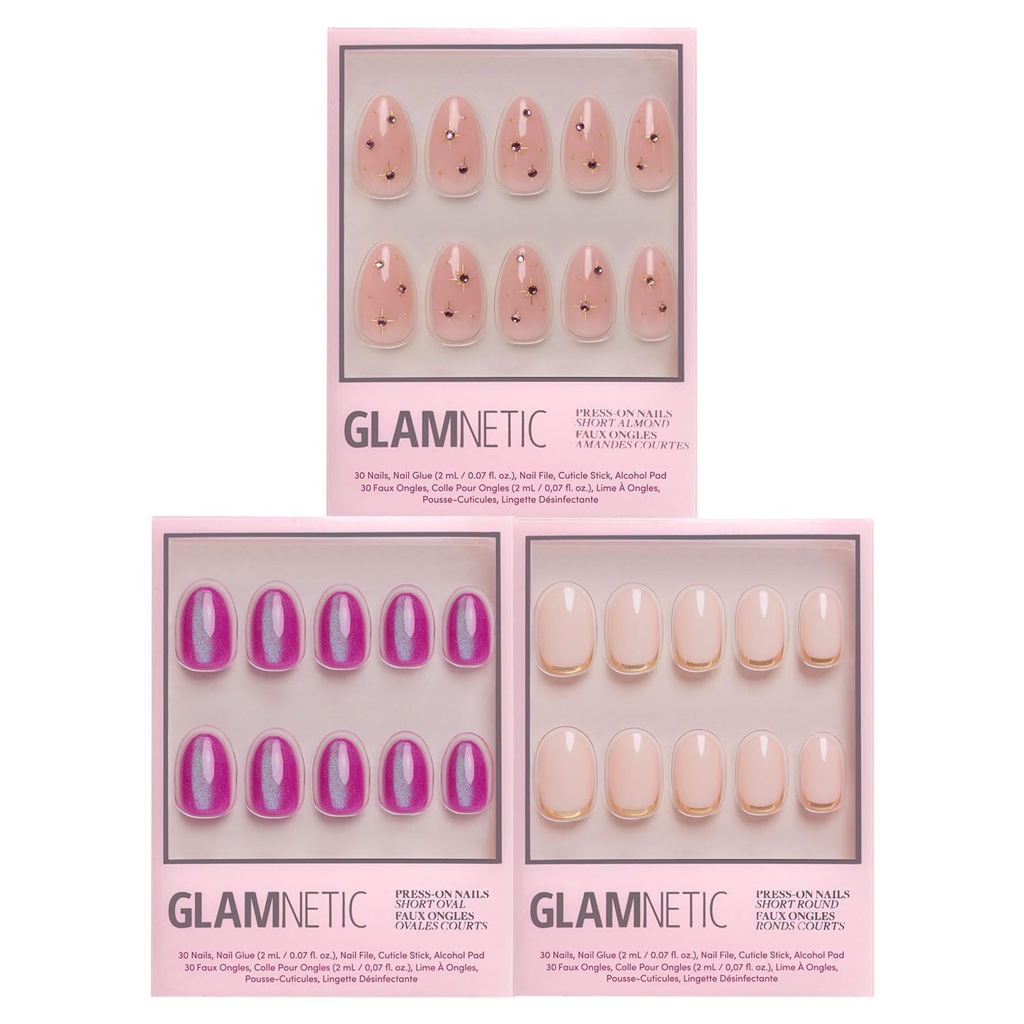 Glamnetic Press-On Nails Bundle - Pink Comet, Berry Fizz & Goal Digger | Pale Pink Short Almond Fake Nails with 3D Gems | Short Oval Magenta Nails with a Metallic Finish | Glossy, Semi-Transparent, Sh