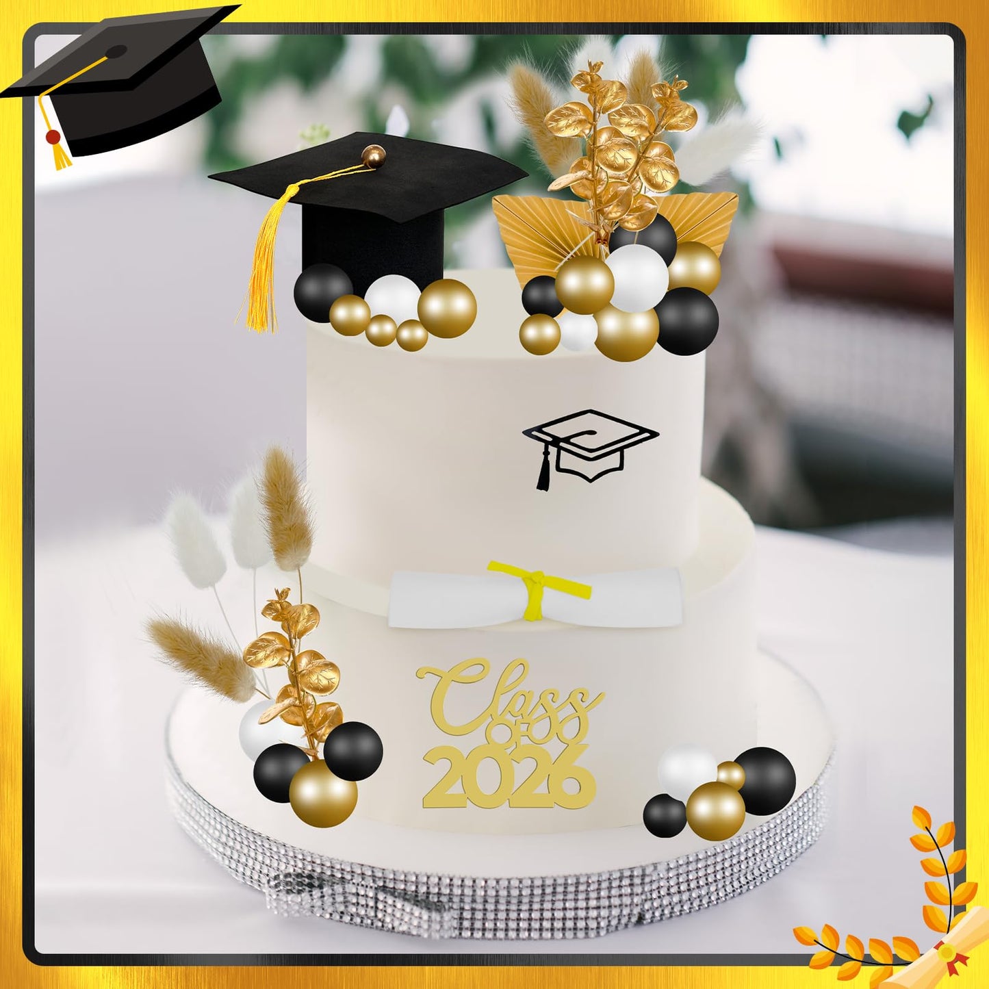 41 Pcs Graduation Cake Decorations Kit Including Class of 2026 Graduation Cake Topper Graduation Cap Diploma Folding Fan Cake Balloon Topper Foxtail Grass for Senior College Grad Congratulations Party