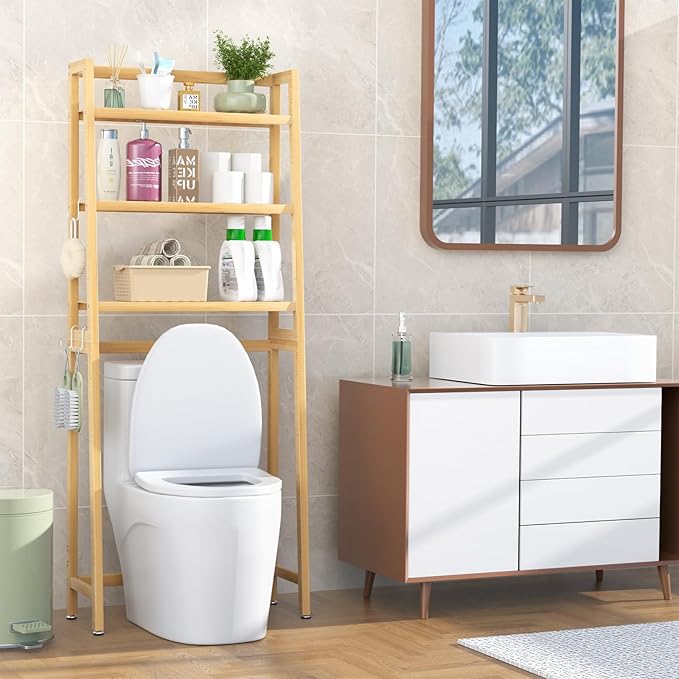 VASMIA Over The Toilet Storage,Bamboo 3-Tier Bathroom Organizer Over Toilet Storage Cabinet,Freestanding Space Saver with 3 Hooks Natural
