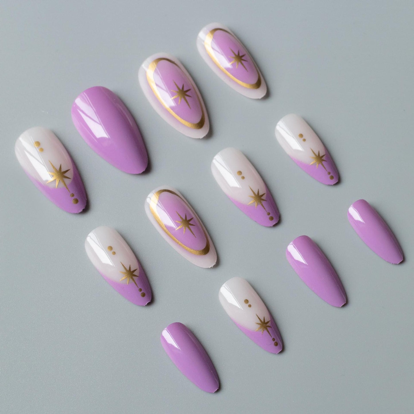 24pcs Almond Press On Nails Medium Fake Nails Gradient With Gold Star Design French Tip False Nails Purple Acrylic Nails Full Cover Artificial Glossy Glue On Nail Stick On Nail For Women