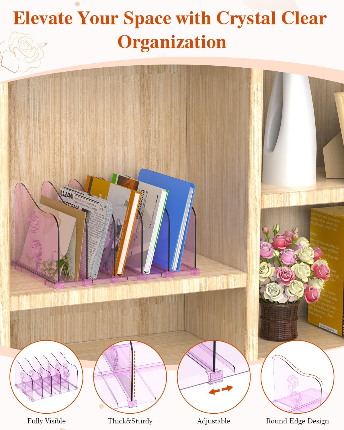 COWVTUJ Adjustable Rose File Organizer for Desk, Vertical File Folder Holders for Magazines, Upright Desktop Binder Organizer, Clear Paper Bookshelf Divider File Sorter for School Office Supplies