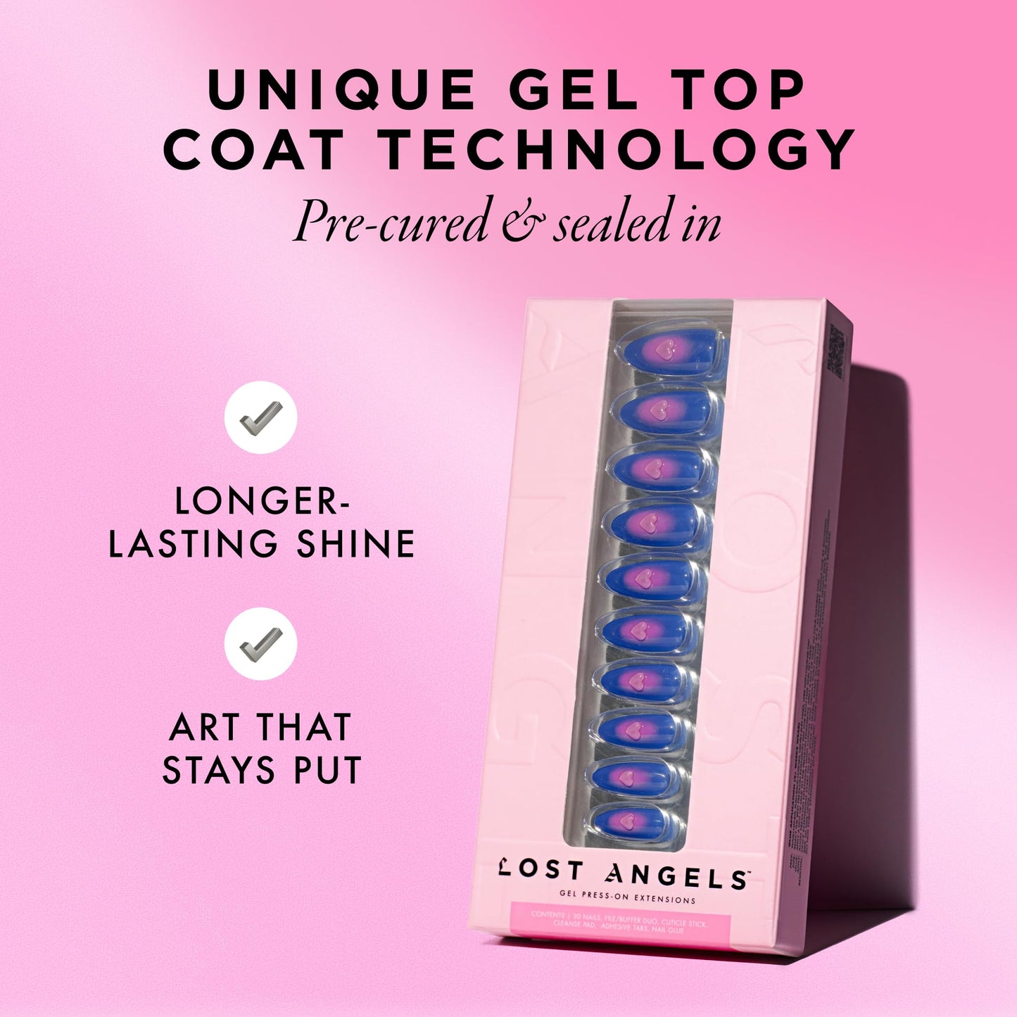 Lost Angels 3D Press On Nails - Heart Charm Blue & Pink 3D Gel Art - Thank You, Next - Cute Press On Nails Almond Medium Length - Easy Kit with Glue & Adhesive Tab - 30 Count, 15 Sizes