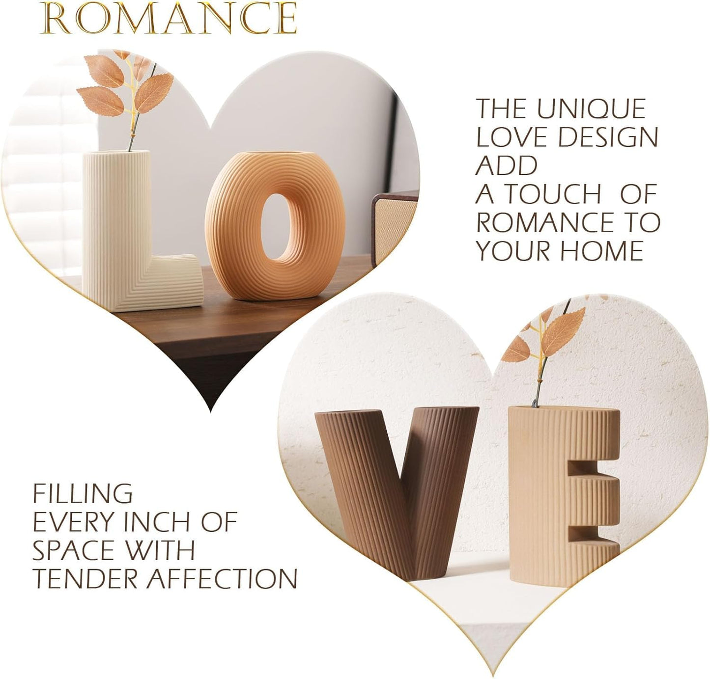 KingZiYu Modern Ceramic Vase Set of 4, Love Letter Shaped Decorative Vases, Neutral Boho Home Decor for Table Centerpiece, Living Room, Bedroom, Wedding, Gift (Khaki, Dark Brown, Orange, Beige)