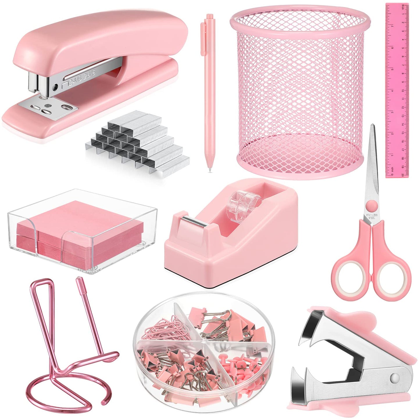 Sabary 12 Pack Pink Desk Accessories Office Supplies Set Include Stapler Staple Scissor Staple Remover Tape Dispenser Ballpoint Pen Sticky Notes Holder Phone Holder Ruler Pen Organizer for Gift