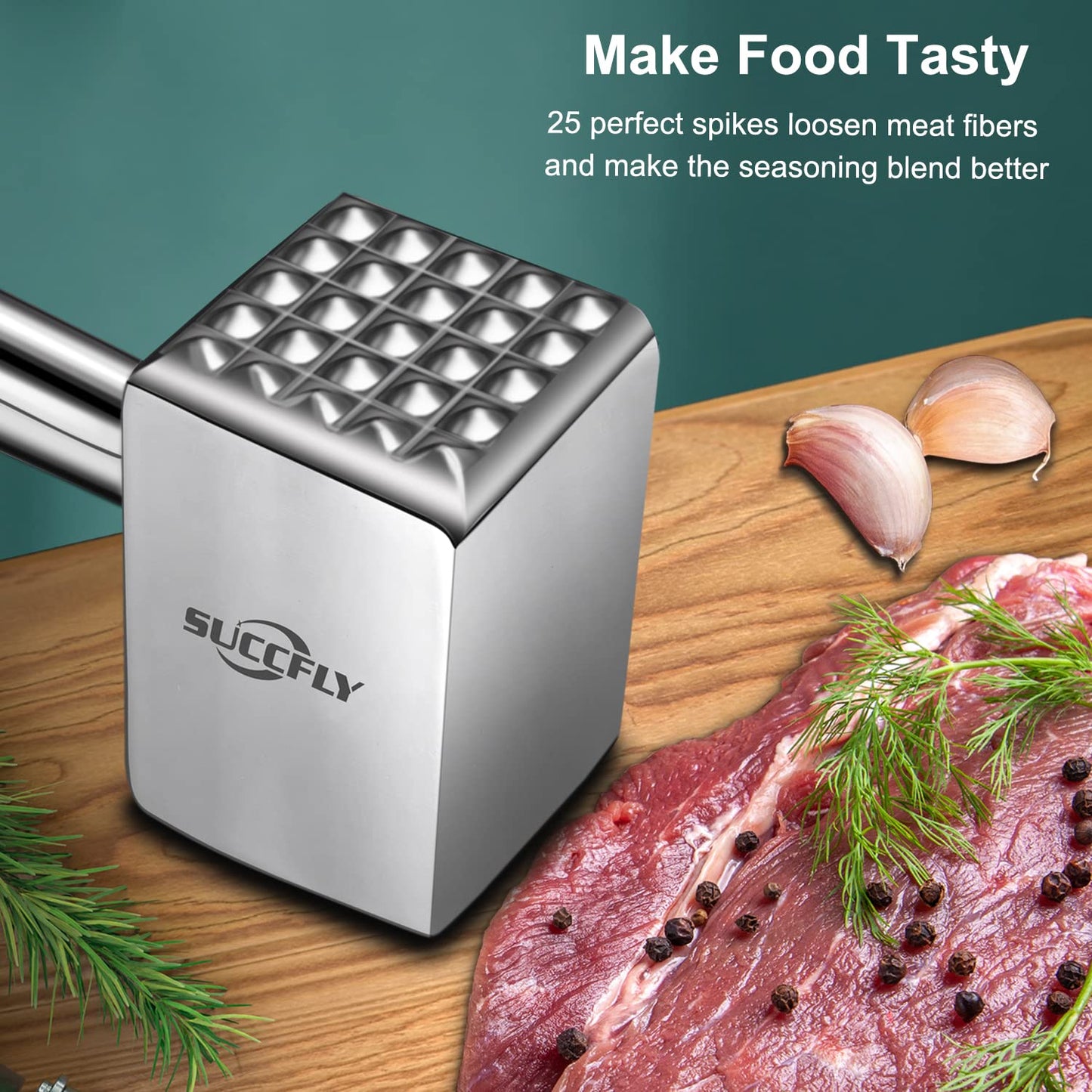 SUCCFLY Meat Tenderizer Stainless Steel, Heavy Duty Meat Hammer, Kitchen Meat Mallet 1.65LB Meat Pounder Flatterner Weighted Hammer Extended Handle for Labor-saving Chicken Steak Meat Tenderizer Tool