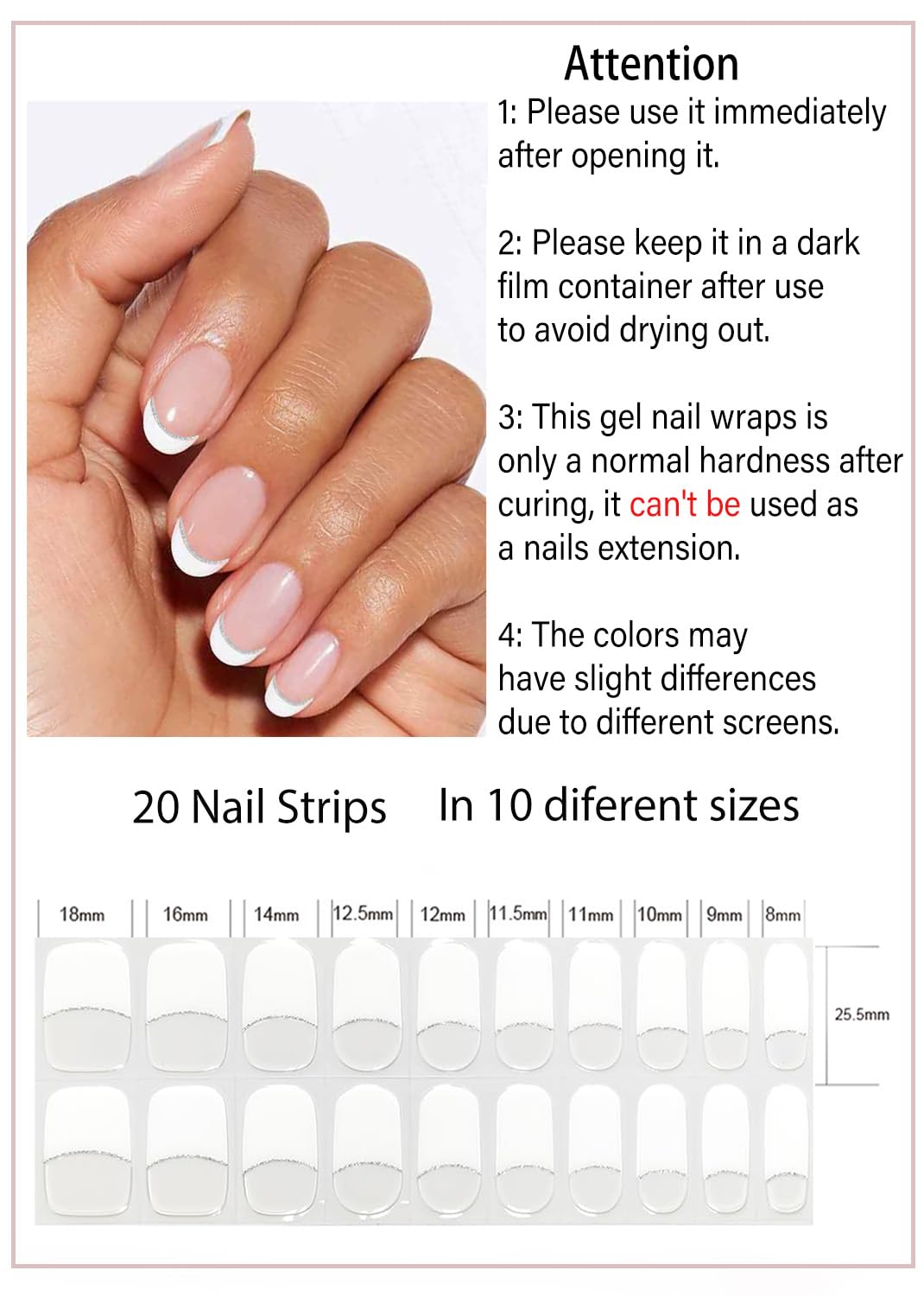 UV Gel Nail Stickers, French Glitter 20pcs Semi Cured Gel Nail Strips, Wraps for Home Manicure DIY