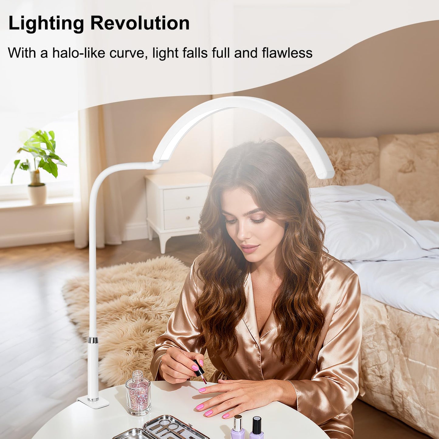 ZEKAHOV Professional Half Moon LED Desk Light for Nail Techs & Artists – Flexible Gooseneck Lamp with Clamp, 3 Color Modes & 5 Brightness Levels for Manicure, Tattoo, Beauty Work (White)