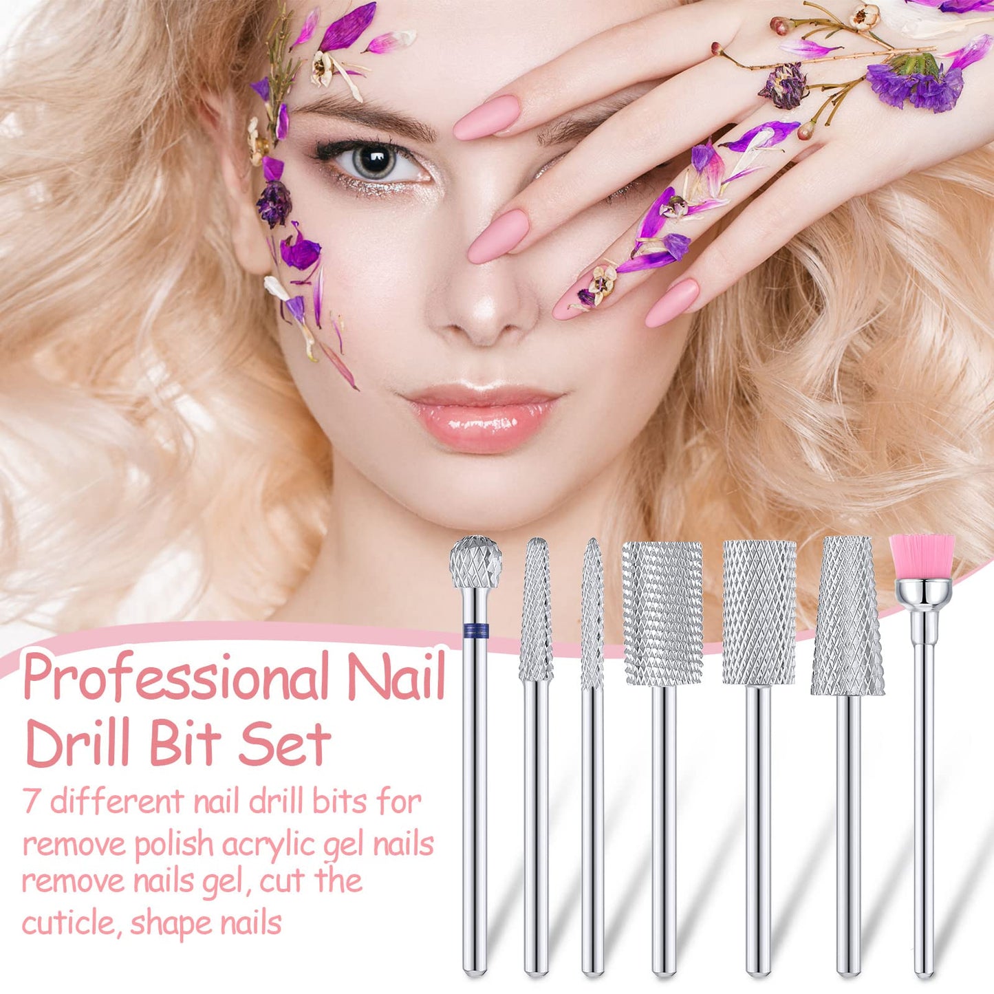 Hestya 7 Pieces Nail Drill Bits Set Tungsten Carbide Drill Bits for Nails Electric File 3/32 Inch Diamond Manicure Pedicure Cuticle Remover Tools for Acrylic Gel fingernail Salon(Silver)