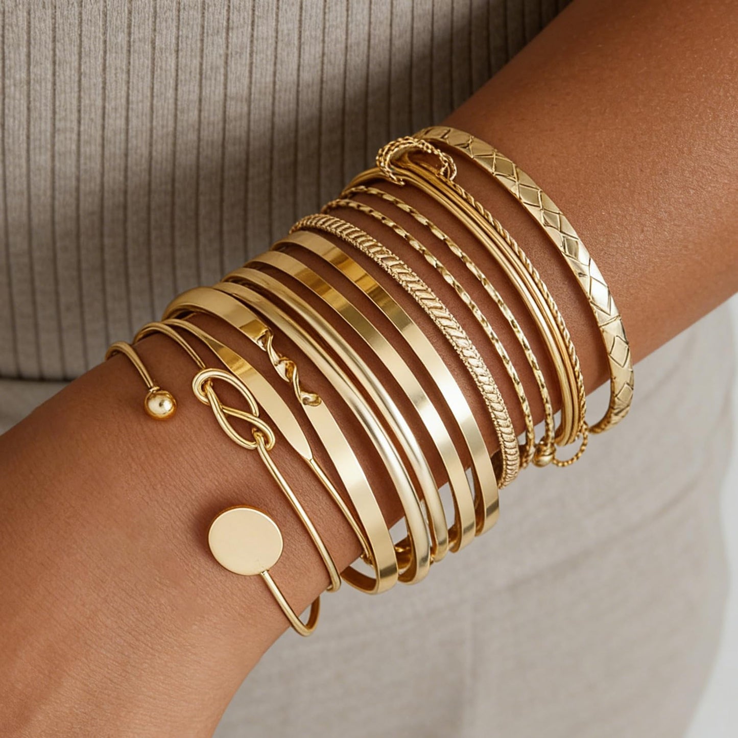 ÌF ME Gold Bangle Bracelets for Women, 19Pcs Multi Stackable Textured Bangles Set, Trendy 14K Gold Plated Chunky Knot Bracelet Stack Boho Jewelry Gifts