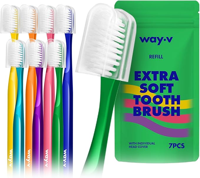 WAY.V Extra Soft Toothbrush Refill for Adults Sensitive Gums and Teeth with Individual Head Covers, 7 Pcs Manual Toothbrushes - Family and Guests - Green (7 Counts, Soft Bristle)