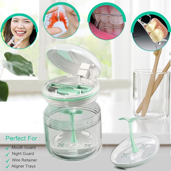 Denture Bath Cup，Retainer Cleaner Case Box,Night Mouth Guard Case Holder,Storage Soak Container with Drain Tray for Travel Cleaning with Mirror and Brush