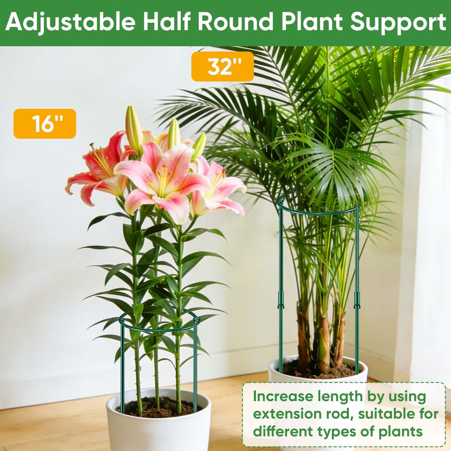 8 Pack 32 or 16 inch Adjustable Plant Support Stakes, Heavy-Duty Half Round Peony Support, Garden Plant Stakes Cage for Outdoor Plants, Peony, Tomato, Hydrangea, (16In Support +16In Extension Tubes)