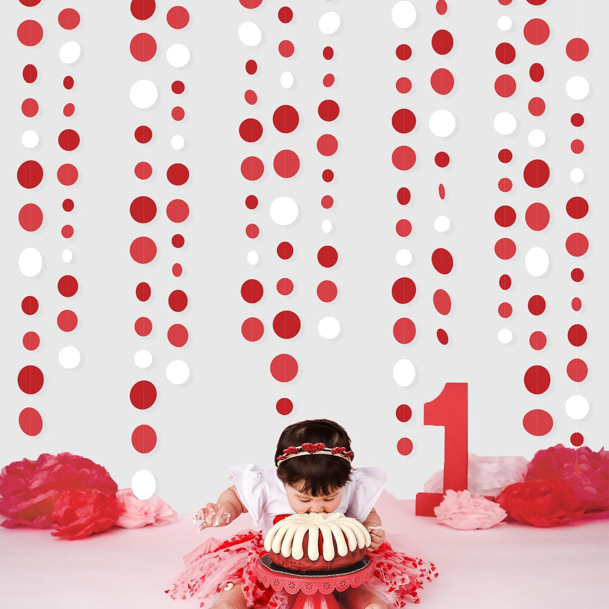 46 Ft Red Party Decorations Polka Dots Garlands Red and White Hanging Paper Circle Dots Streamer for Valentines Anniversary Birthday Graduation Wedding Christmas Holiday Bridal Shower Party Supplies
