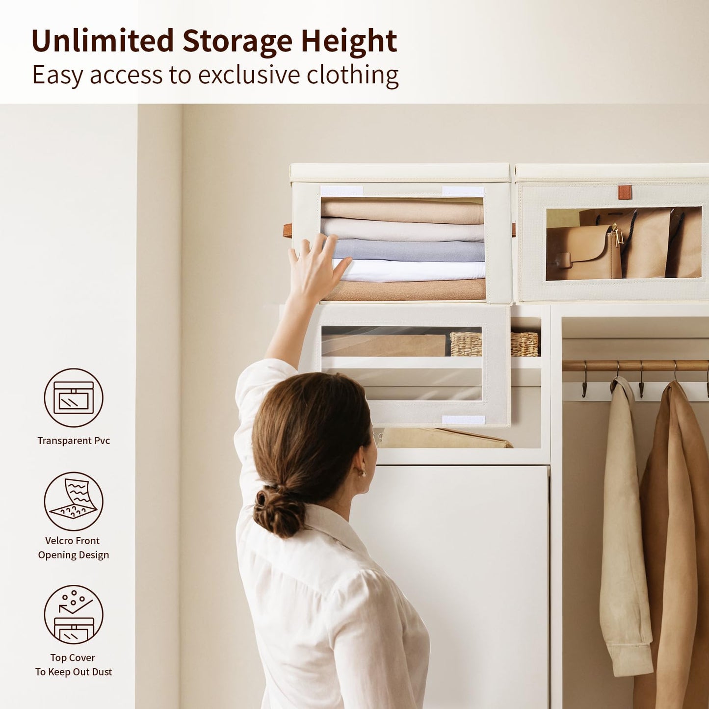 Homsorout Large Closet Storage Bins - Collapsible Storage Bins with Handles & Window, Decorative Boxes with Lids, Fabric Cubes for Living Room, Dorm, 1 Pack, Beige