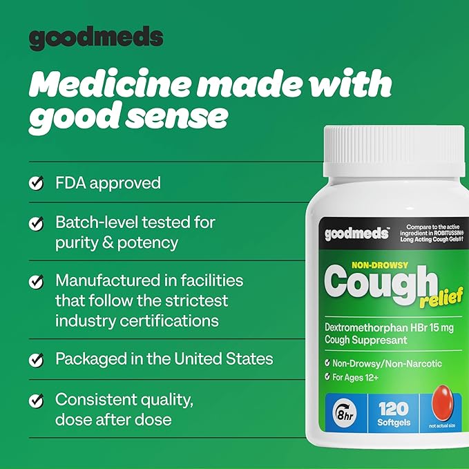 Cough Relief for Adults 120 Softgels Dextromethorphan HBr (DXM) 15mg 8Hour, Non-Drowsy, Long-Lasting Bronchial Suppressant for Dry Cough and Chest Congestion