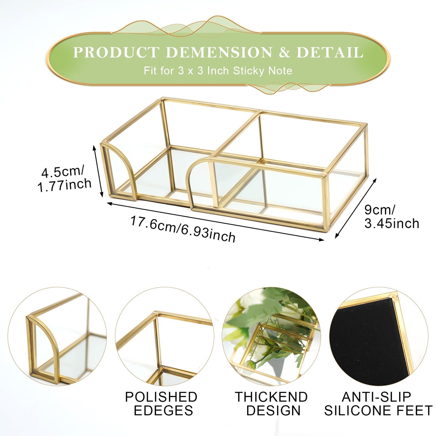 Shonmogar Glass Sticky Note Holder,2 Slots Gold Post It Note Dispenser for Desk,3 x 3 Inch Post It Note Holder, Stylish Sticky Note Dispenser for Home Office Desk Table Drawer