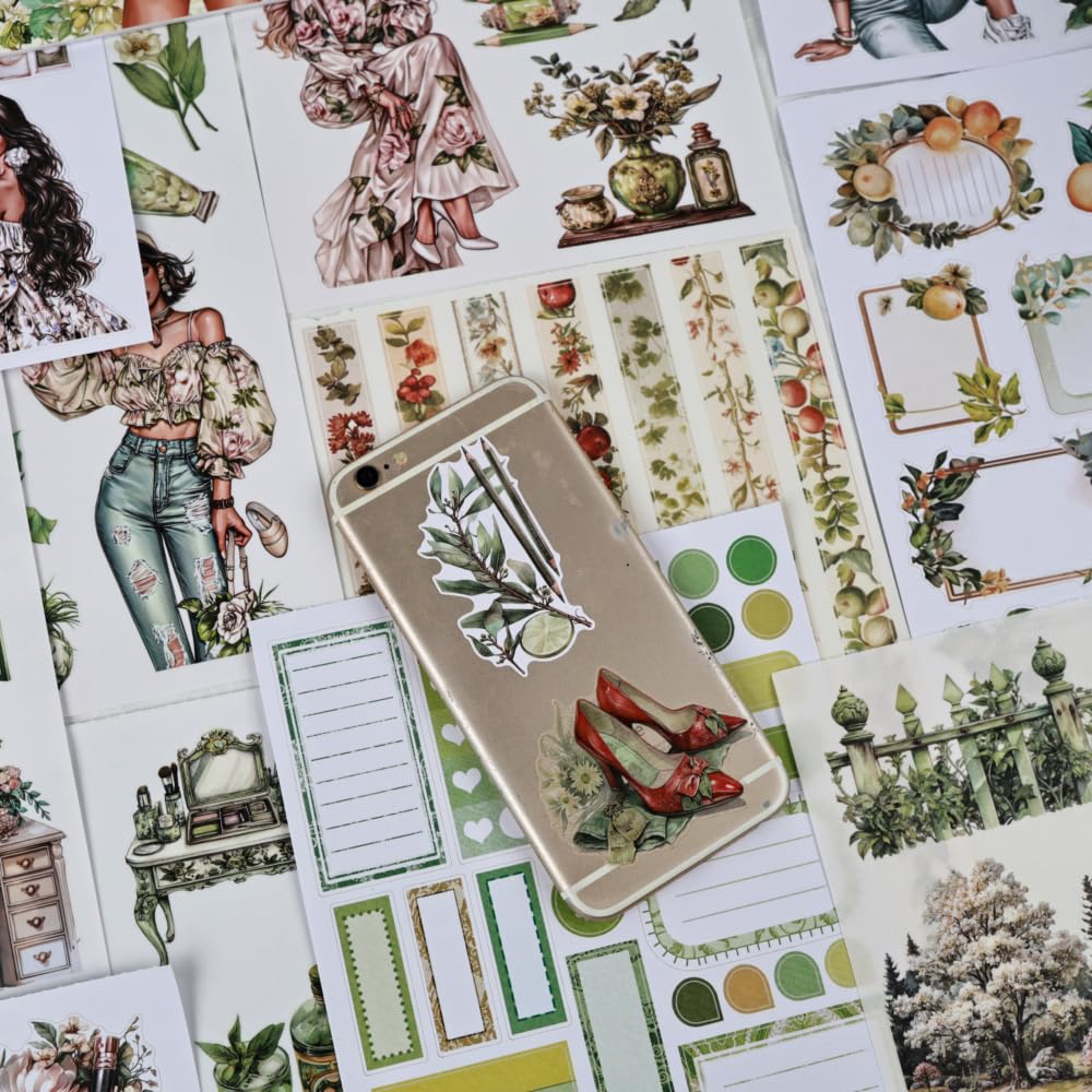 Dwpetzo Fresh Green Scrapbook Sticker Book for Scrapbooking, A5 Size, Assorted PET Washi Paper Materials, 20 Sheets Diecut Journaling Stickers for Adults, Junk Journal Supplies, Collage, Crafts Arts
