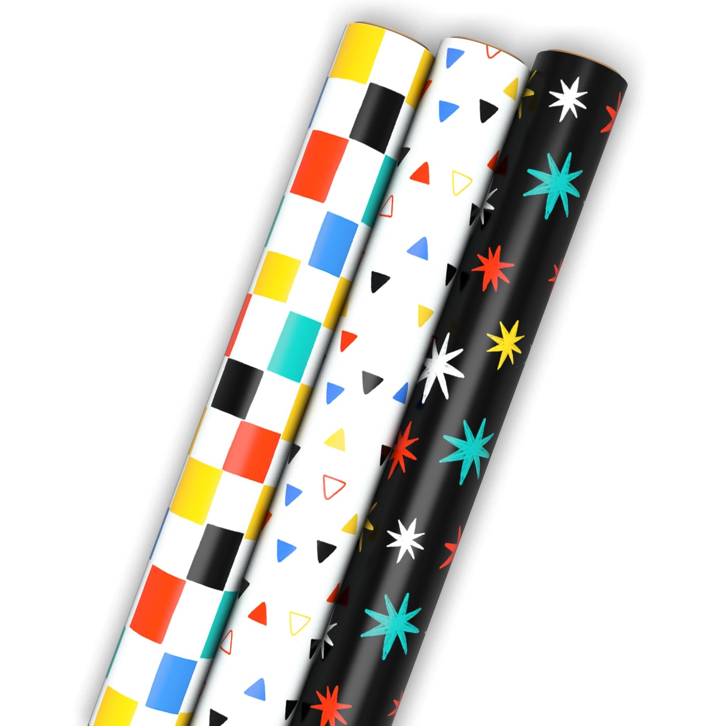 Hallmark Wrapping Paper Mini Rolls, 3-Pack (Checkered, Triangles, Starbursts) for Birthdays, Graduations, Mother's Day, Father's Day, Any Occasion - 45 Sq. Ft. Total