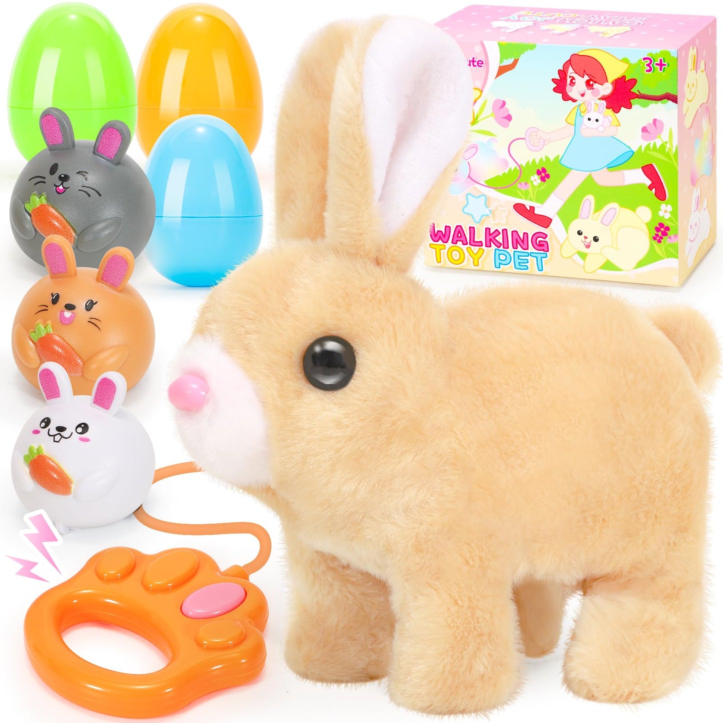 CatchCute Easter Plush Bunny Toys for Kids,Interactive Bunny with Sounds,Can Walk,Wag Tail and Twitch Nose with Remote Control Leash,Easter Eggs with Pull Back Cars,Easter Birthday Gift for Toddlers