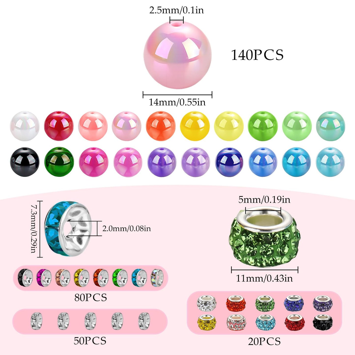 Funtopia 290pcs Beads for Pens, 14mm Focal Beads Pen Making Kit for Keychains Beadable Pens, Rainbow Chunky Bubblegum Acrylic Beads with Rhinestone Rondelle Spacer Bead for DIY Craft Supplies
