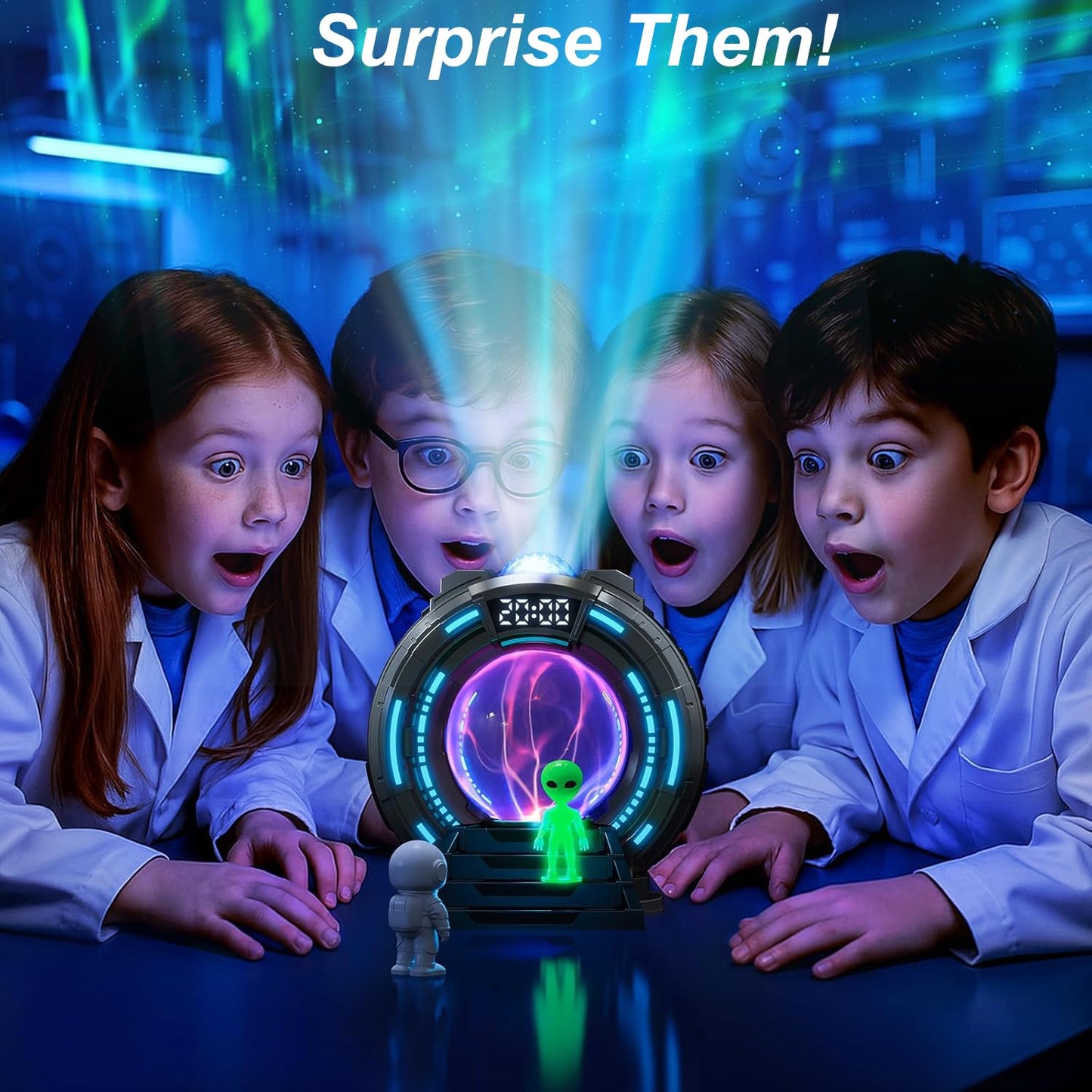 Northern Lights Projector with Plasma Ball Lamp, White Noise, Music Speaker, Alarm Clock & Remote, Stargate Astronaut Galaxy Aurora Night Light Projector for Bedroom Gaming Birthday Valentines Gifts