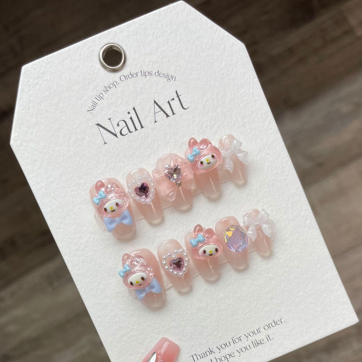 NLSJMP Acrylic Pink Rabbit Press on Nails Medium Square,Reusable Handmade Kawaii bow pearl Gel Nails Press On, Luxury Fake Glue Stick on Nails,10 Nails Size S,#949