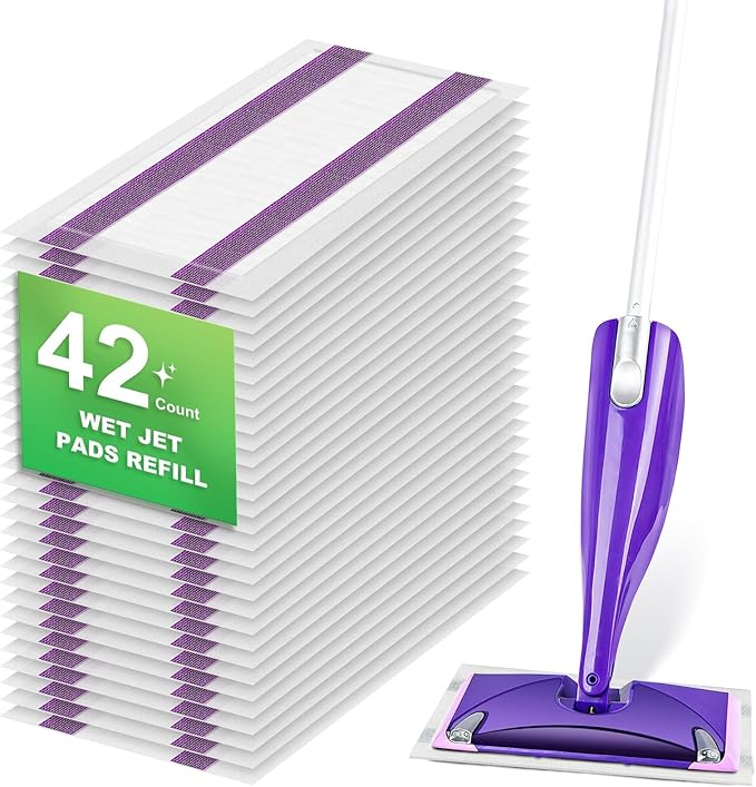 42 Count Disposable for Swiffer Wet Pads Refill Replacement for Swiffer WetJet Spray Mop, Extra Strong Dirt Locking and Water Absorbent, Powerful Stain Removal