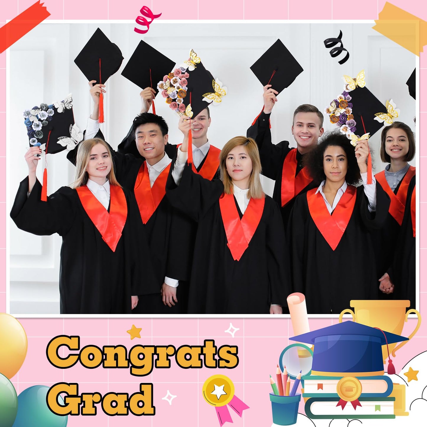 Dinifee 36 Pcs DIY Graduation Cap Decorations Accessory Kit Include Faux Paper Flower Heads 3D Butterfly Grad Cap Mini Paper Flowers Decorations for Grad Cap Topper DIY Graduation Gift(Pink, Gold)