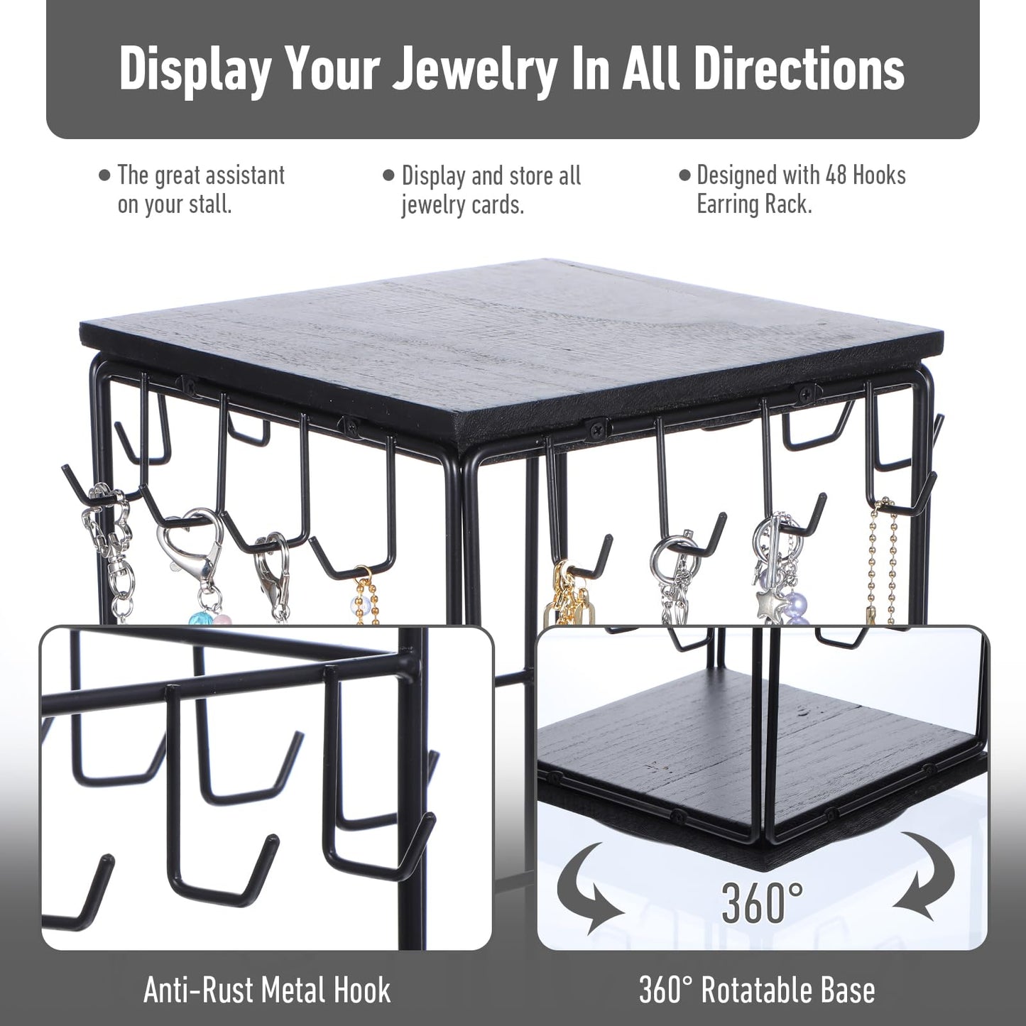 360 Rotating Earring Display Holder Stand for Vendors Events Selling, Large Capacity 48 Hooks Jewelry Display Rack with Wooden Base for Earring Card Sales, Necklaces, Enhances Retail Visibility