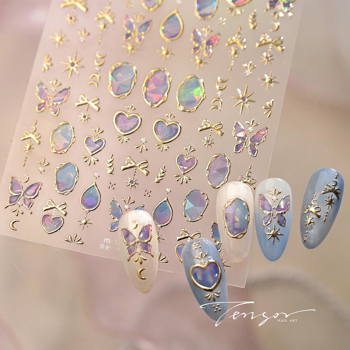 5D Embossed Gold Butterfly Heart Nail Stickers, Holographic Gem Nail Decals, Shiny Celestial Nail Art Supplies for Women Nails Decorations