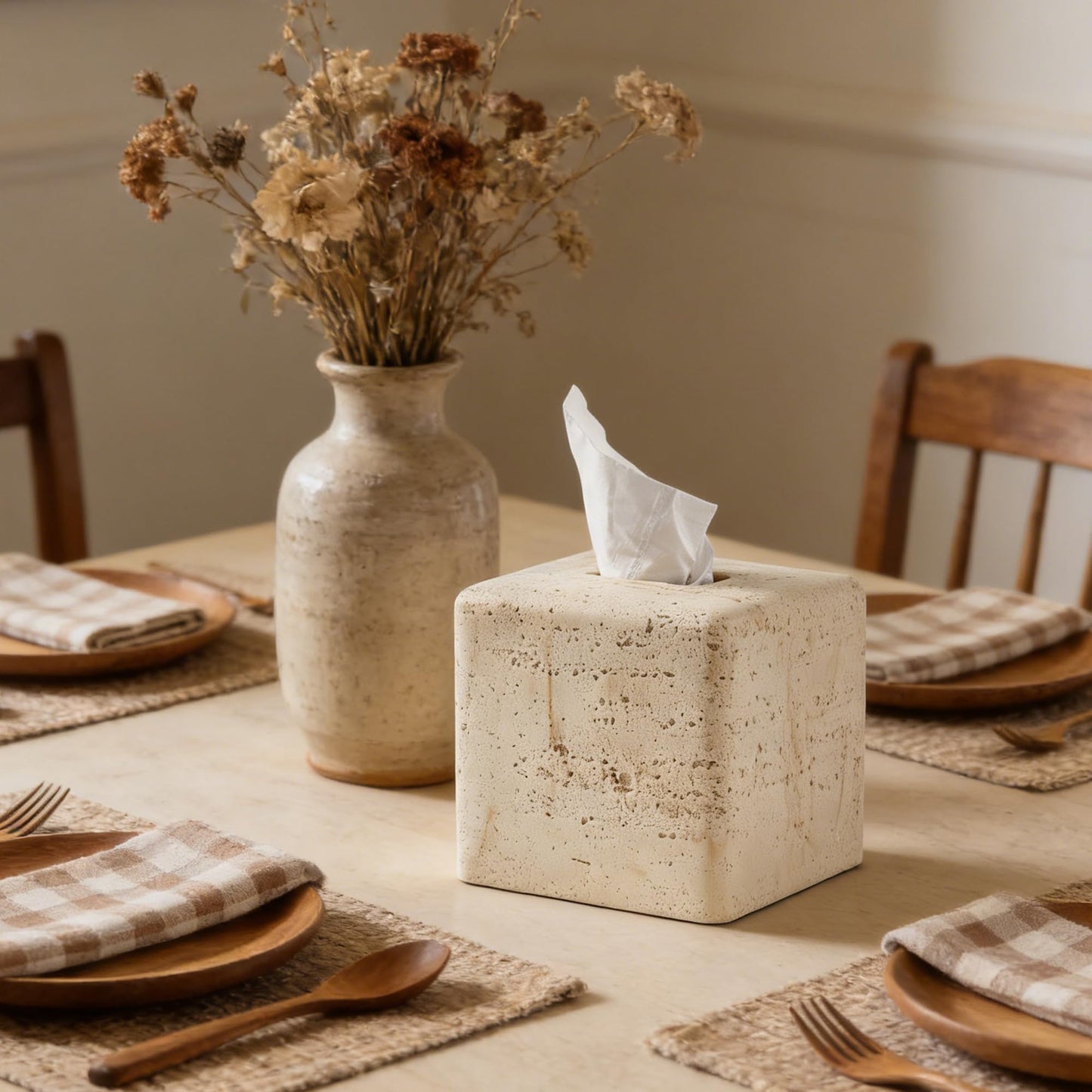 Natural Travertine Textures Tissue Box Cover Square for Home Decor,Resin Heavy Tissue Box Holder for Bathroom Countertop,Tabletop,Bedside Table,Office (Handmade of Resin)
