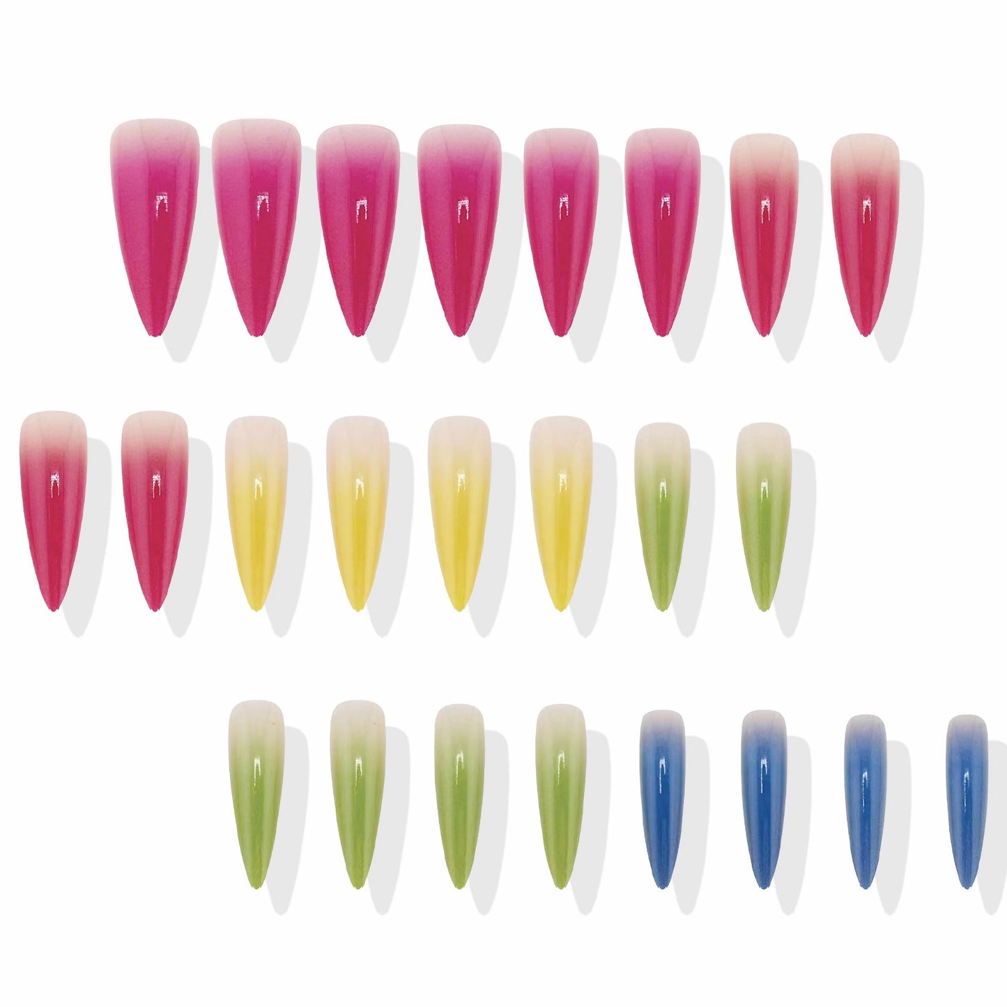 MERVF Long Stiletto Press on Nails Colorful Ombre French Tip Glue ons Dopamine Design Almond Acrylic Fake Summer False Nail for Women Glossy 24pcs