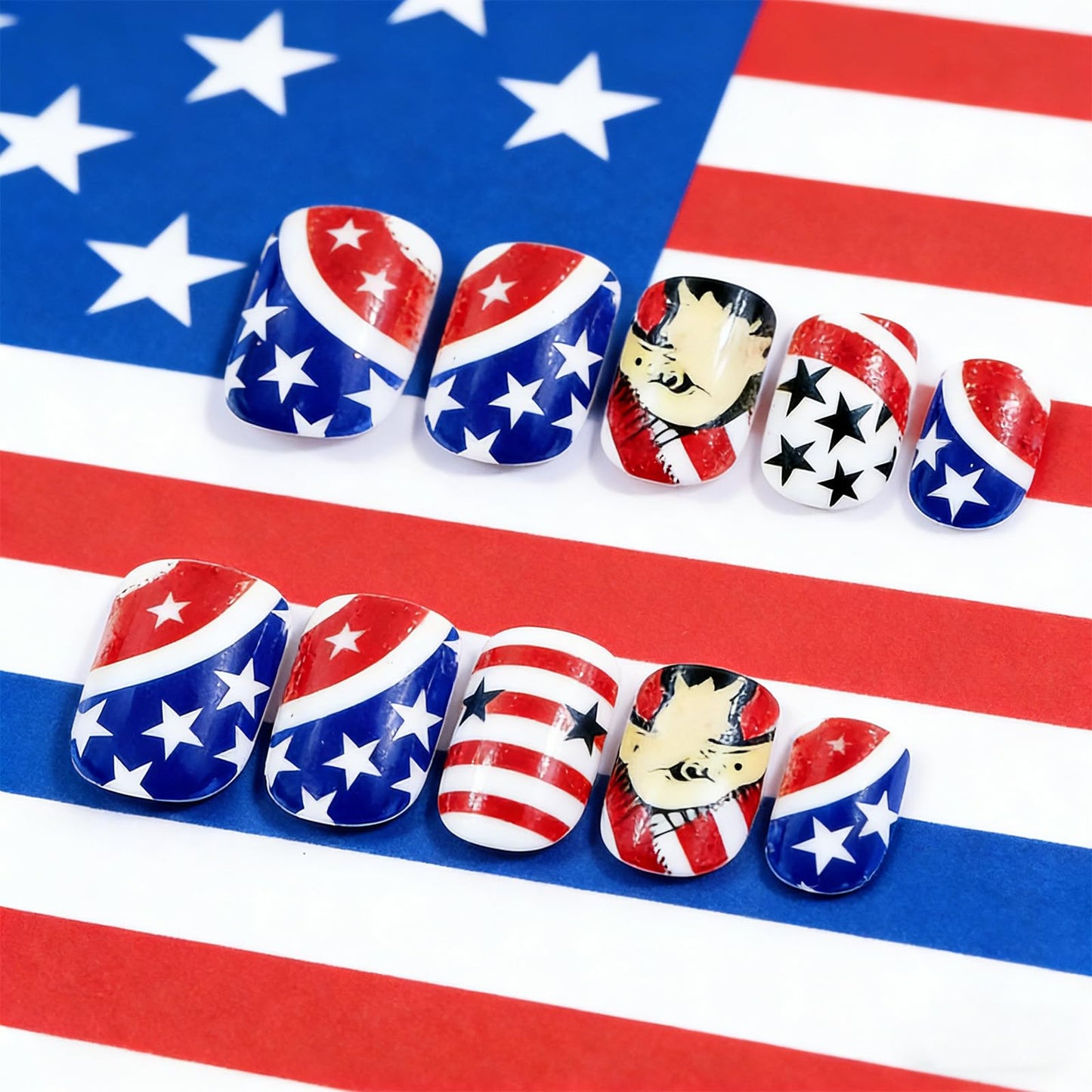 Independence Day Press on Nails Medium Square Fake Nails 4th of July False Nails with National Flag Eagle Star Design Patriotic Artificial Nail Full Cover Stick on Nails for Women Manicure 24Pcs