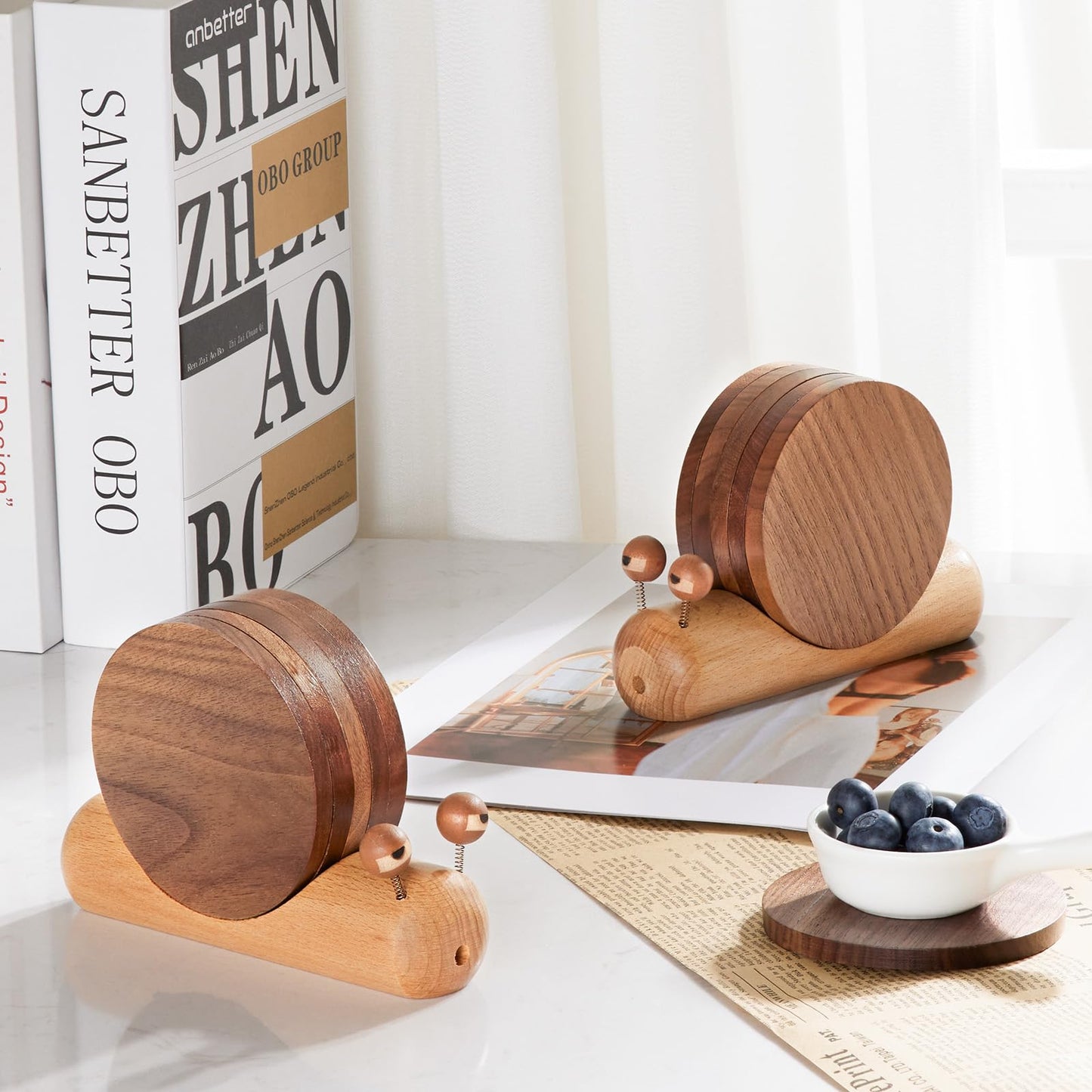 Wooden Coasters for Drinks-Natural Acacia Wood Drink Coaster with Magnetic for Coffee Table,Fun Cute Coasters with Holder for Modern Home Decor-Set of 5