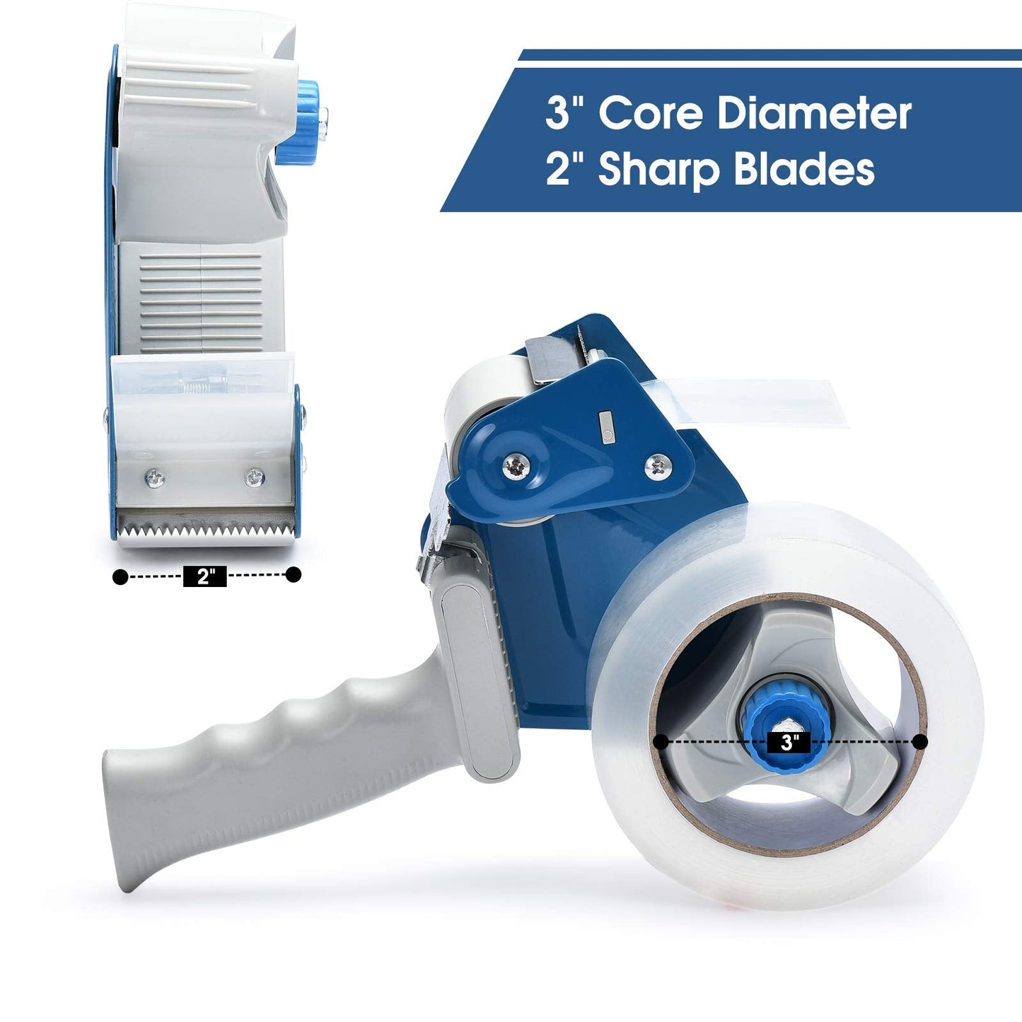 Pacific Mailer 2 Inch Tape Gun Dispenser with 2 Inch Carton Packing Tape, Lightweight Industrial Side Loading Tape Dispenser - Blue