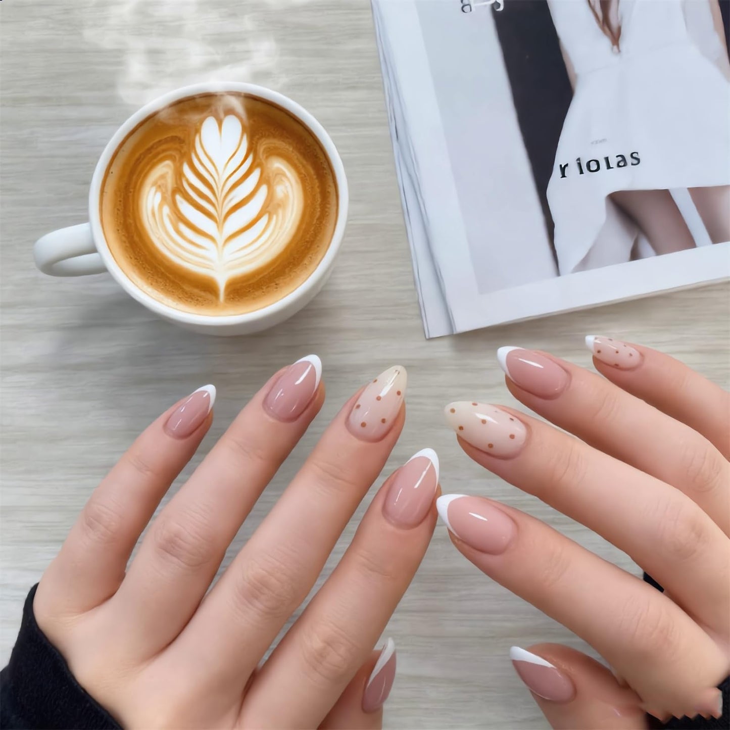 Press On Nails, French Tip Short Pointed Almond Fake Nails with UV Finish, 12 Sizes Quality False Nails, 24Pcs Reusable Press-On Manicure Set with Nail Glue for Women Pattern #05