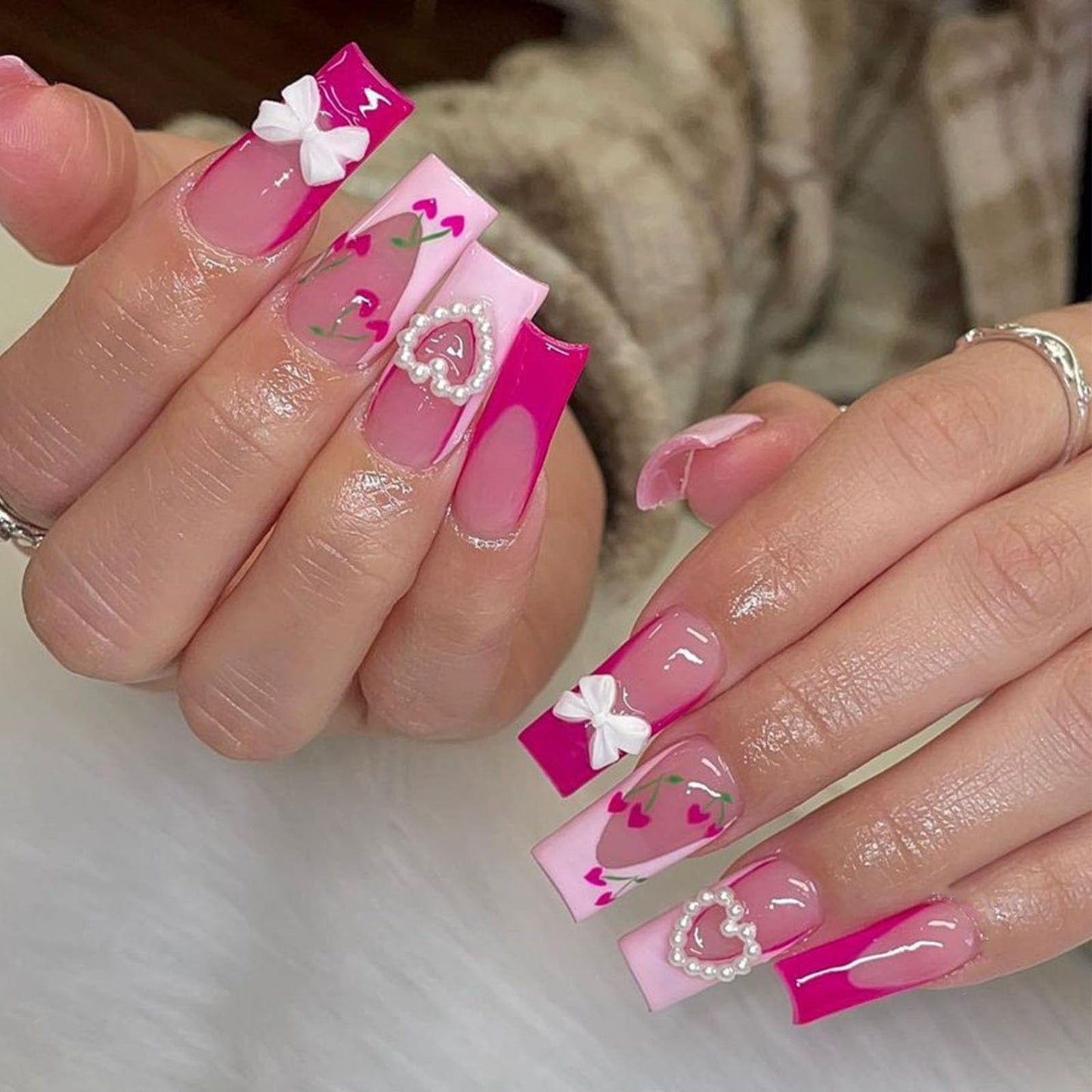 IMSOHOT Pink French Tips Press on Nails Medium Square Cherry Fake Nails Full Cover Squoval Acrylic Glossy Glue on False Nails with Cute Pearl Bow Designs