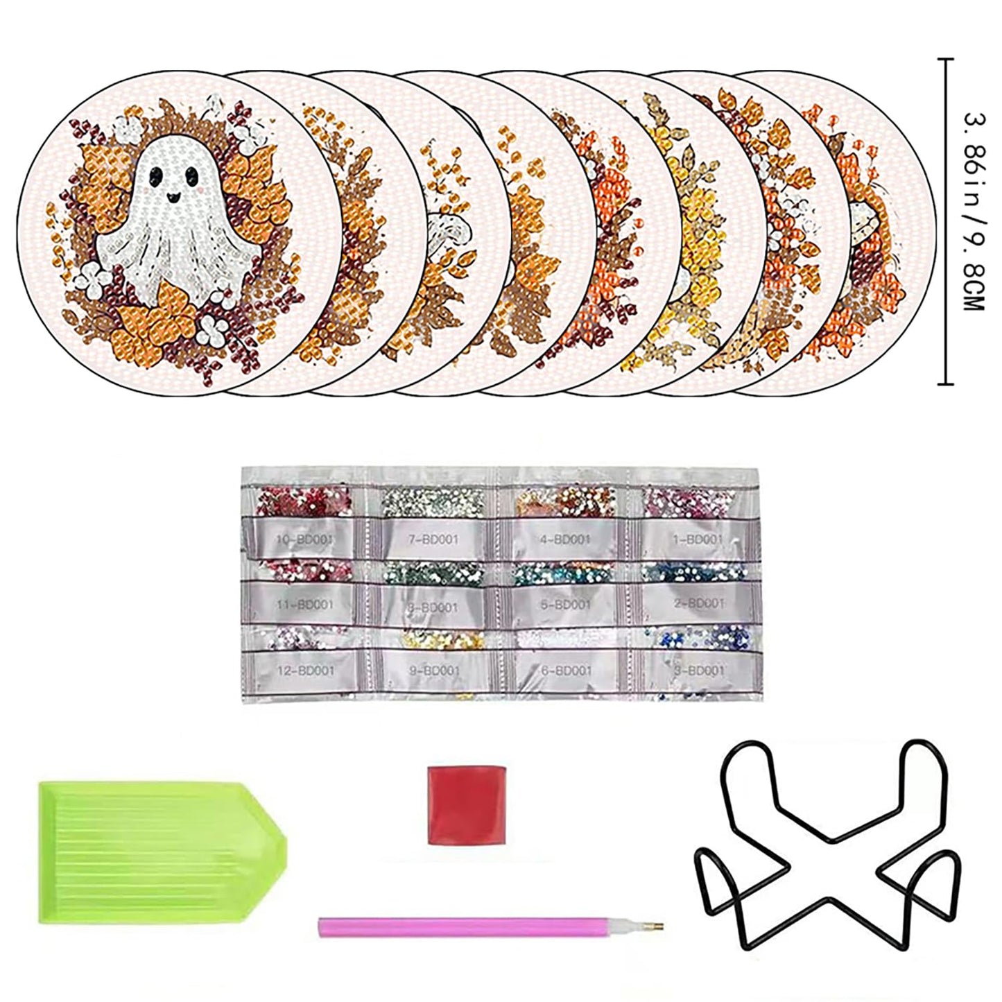 OFDNE Halloween Diamond Paintings Kits with Holder,9Pcs DIY Cute Ghost with Floral Coaster Diamond Art Kits,Fall Full Coasters Diamond Painting Kits for Adults Beginners Art Craft Supplies