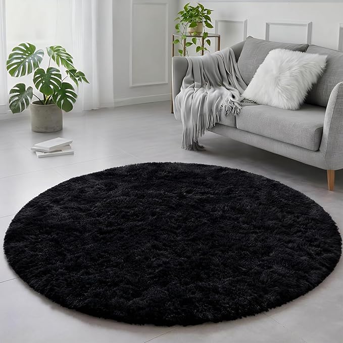 Black Round Rugs 5Ft for Bedroom Aesthetic, Fluffy Plush Circle Area Rugs for Living Room, Fuzzy Modern Cool Throw Carpet for Baby Kids Teen Boys Mens, Office Playroom Nursery Apartment Home Decor