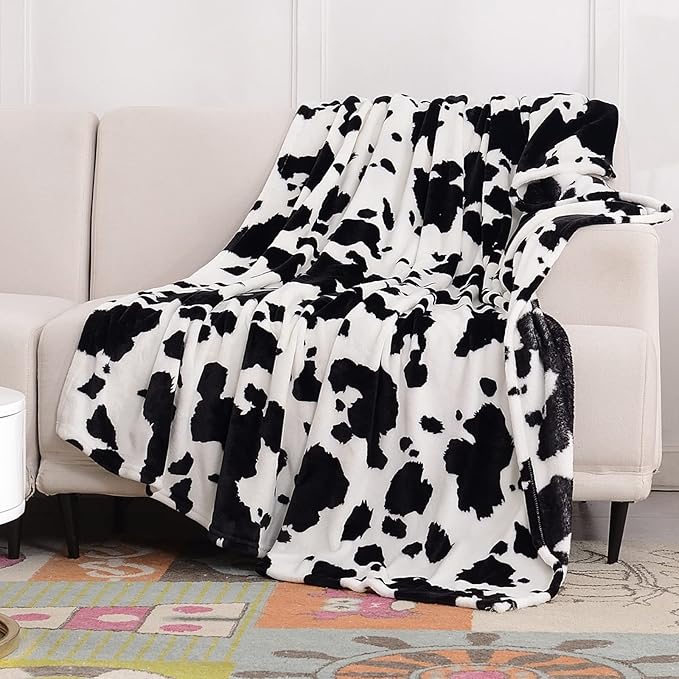 SOCHOW Cow Print Fleece Throw Blanket for Sofa Couch, Soft Lightweight Cozy Warm Home Decor Flannel Blanket, Cute Animal Blanket for Kids Boys Girls, Black 60 x 80 Inches
