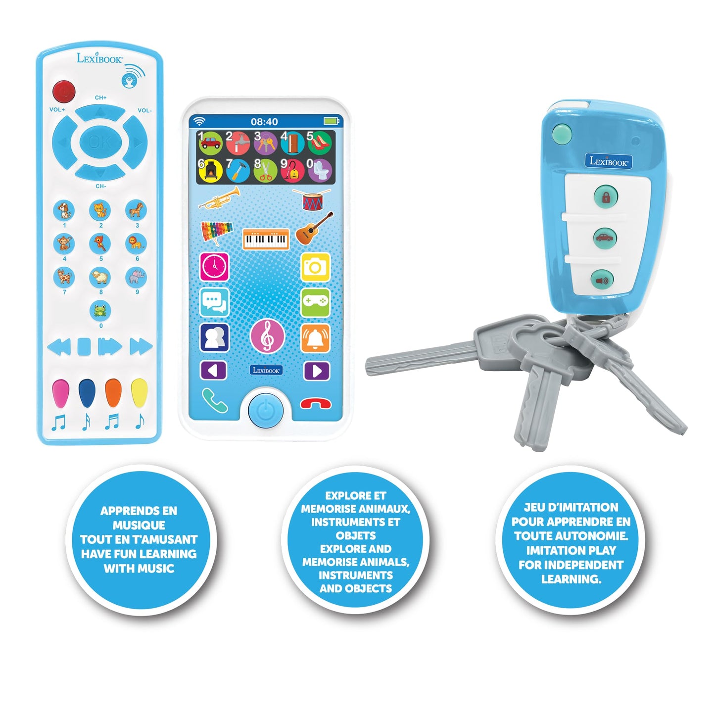LEXiBOOK, Educational and Musical Set with Telephone, Remote Control and Key Ring, Imitation Game for Toddlers, Explore Animals, Musical Instruments and Everyday Objects, PS125