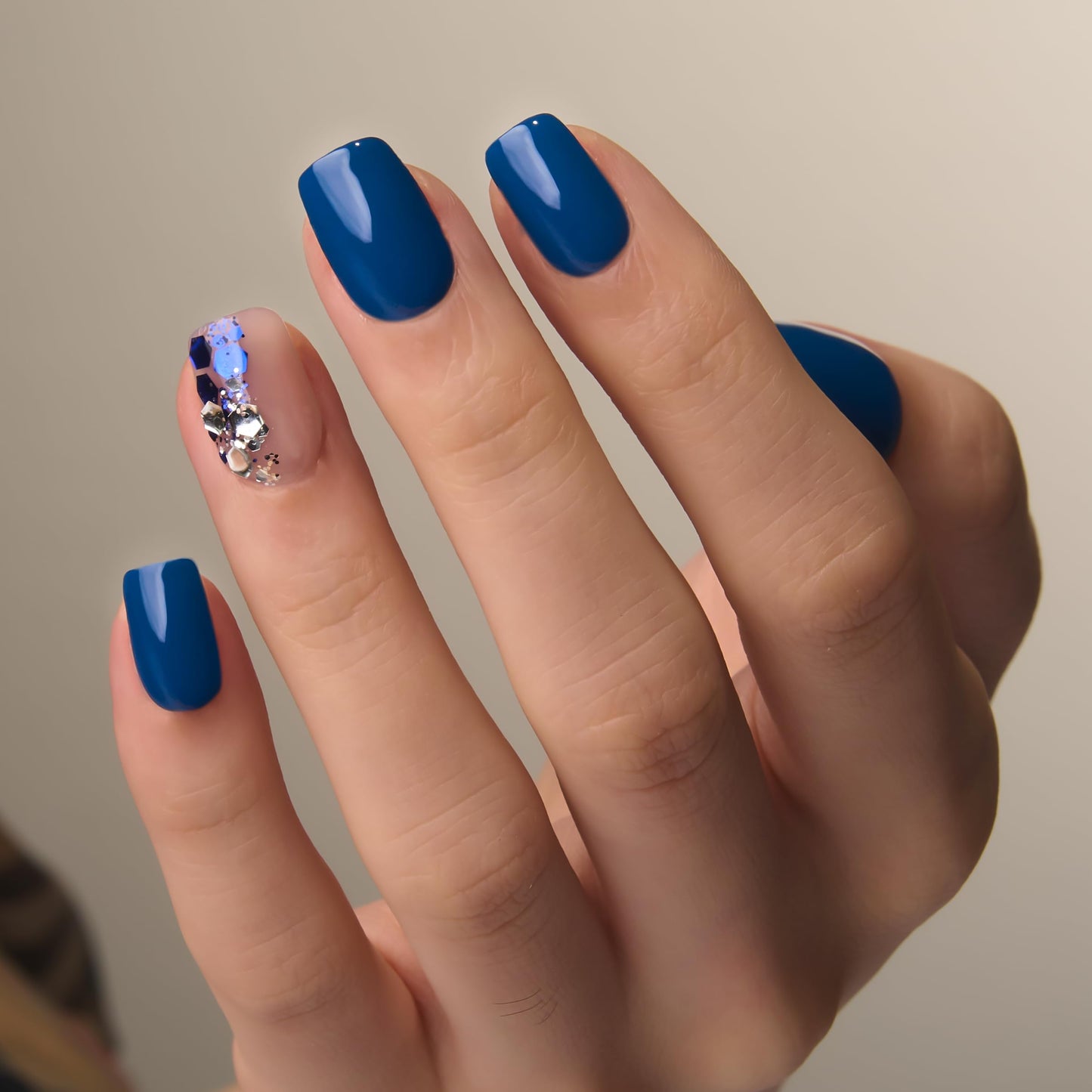 CurvLife Press On Nails Stick On Nails Deeping Blue Short Square Fake Nails Design Acrylic Nails Tips Glue On False Nails For Women