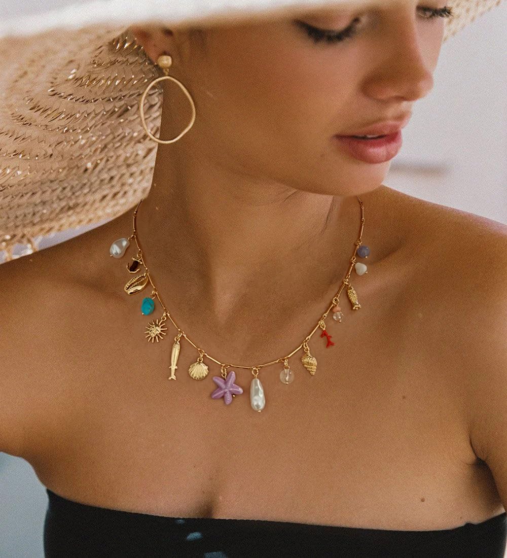 CLASSYZINT Layer Charm Necklace for Women Sea Shell Necklace Boho Shell Necklace Summer Starfish Shell Necklaces