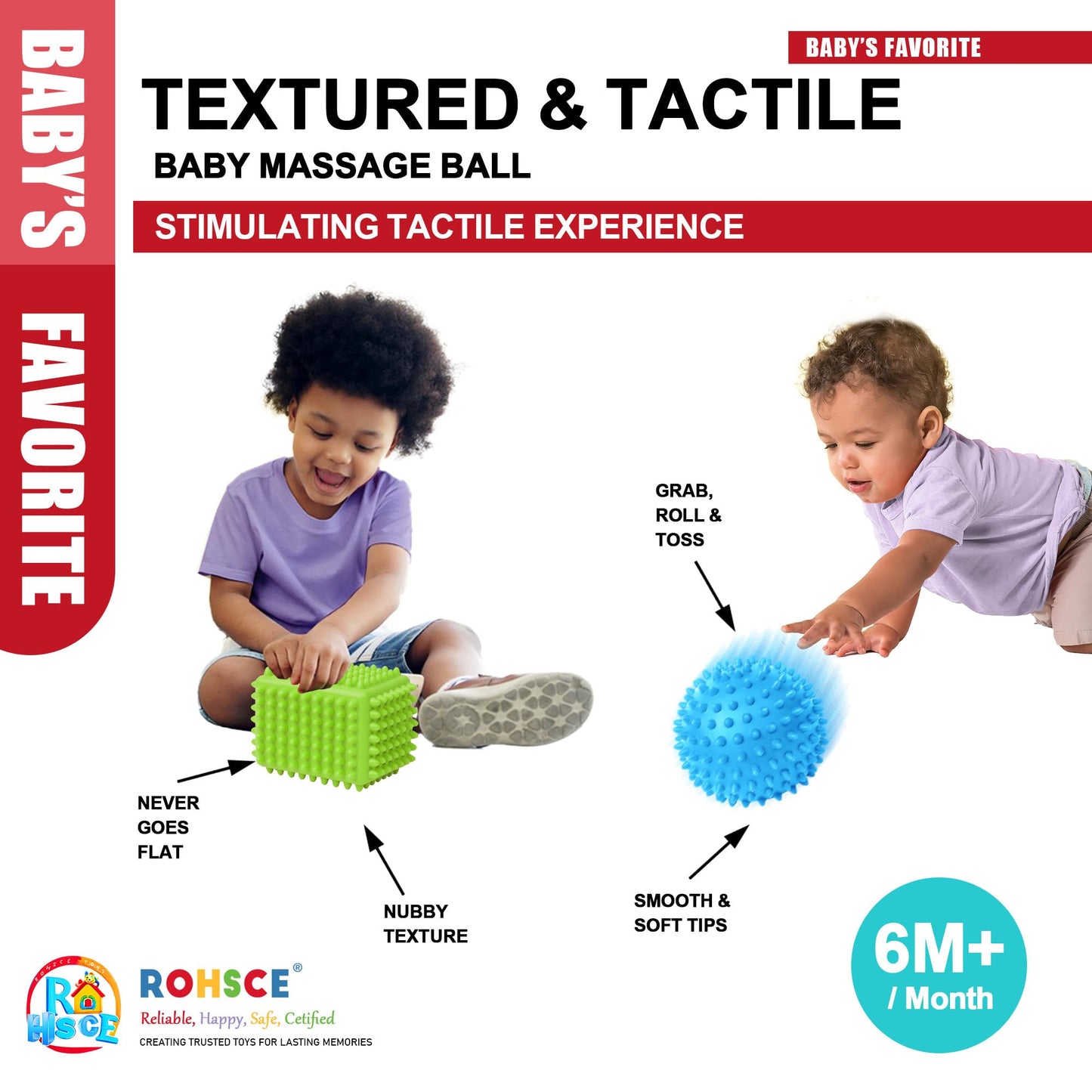 ROHSCE Sensory Balls Baby Teething Toys 6-12 Months, Soft Spiky Textured Multi Ball Set for Boys & Girls 1-3, BPA Free Montessori Tactile Development, 3 Pcs