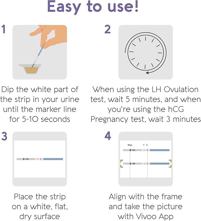 Vivoo Ovulation and Pregnancy Test Kit: Track Your Cycle and Test Results with Vivoo App, Includes 25 Individually Wrapped Ovulation (LH) Tests, 5 Pregnancy (HCG) Tests with 30 Cups